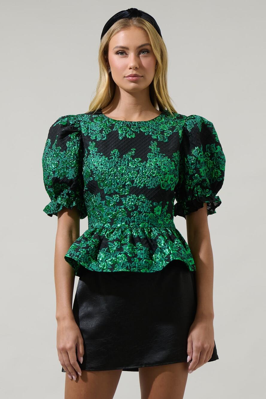 Sugarlips Elyna Jacquard Alena Cut Out Blouse Green Black Size S